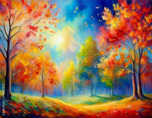 Abstract Autumn Forest Painting , Artistic Nature Illustration with Trees and Leaves, Beautiful Fall Landscape on Canvas with Blue Sky and Sunlight