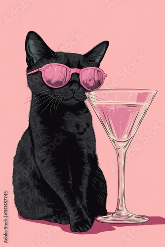 A stylish black cat enjoys a pink drink while wearing pink aviator sunglasses against a pastel background. Generative AI photo