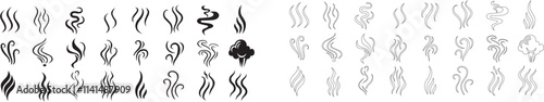 Smoke steam icon vector logo set. Smoke smell, steam aroma heat icon illustration. Hot vapor fire doodle line logo. Hit stink, coffee, fragrance flame elements. Vector illustration.