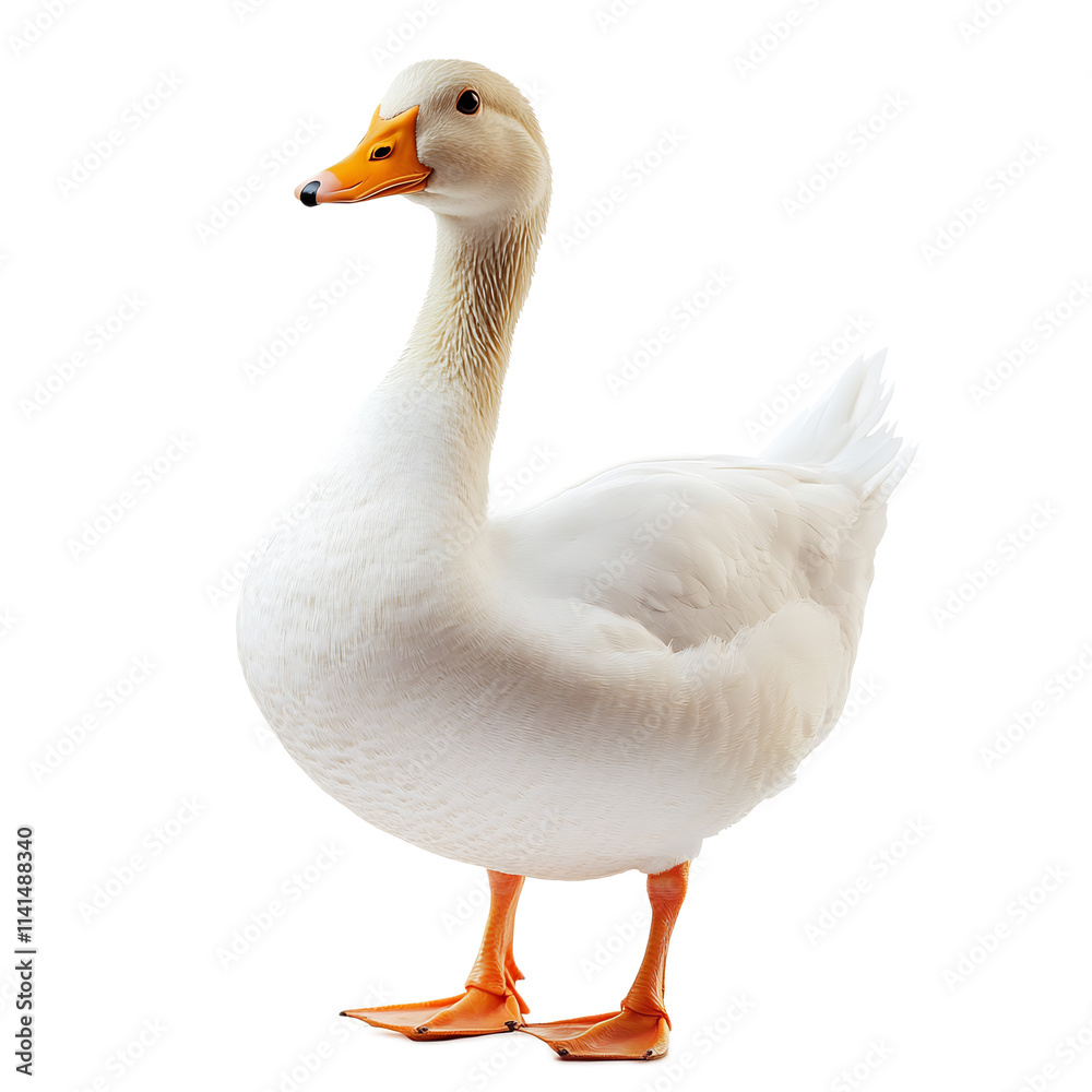 Graceful white duck floating and swimming on a calm pond or lake in a natural outdoor environment Graceful white duck floating and swimming on a calm pond or lake in a natural outdoor environment