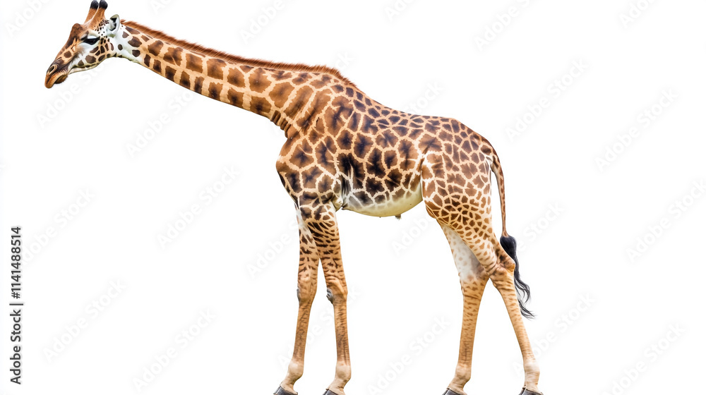 Fototapeta premium Giraffe standing gracefully in a natural setting during daytime, showcasing its long neck and unique coat patterns