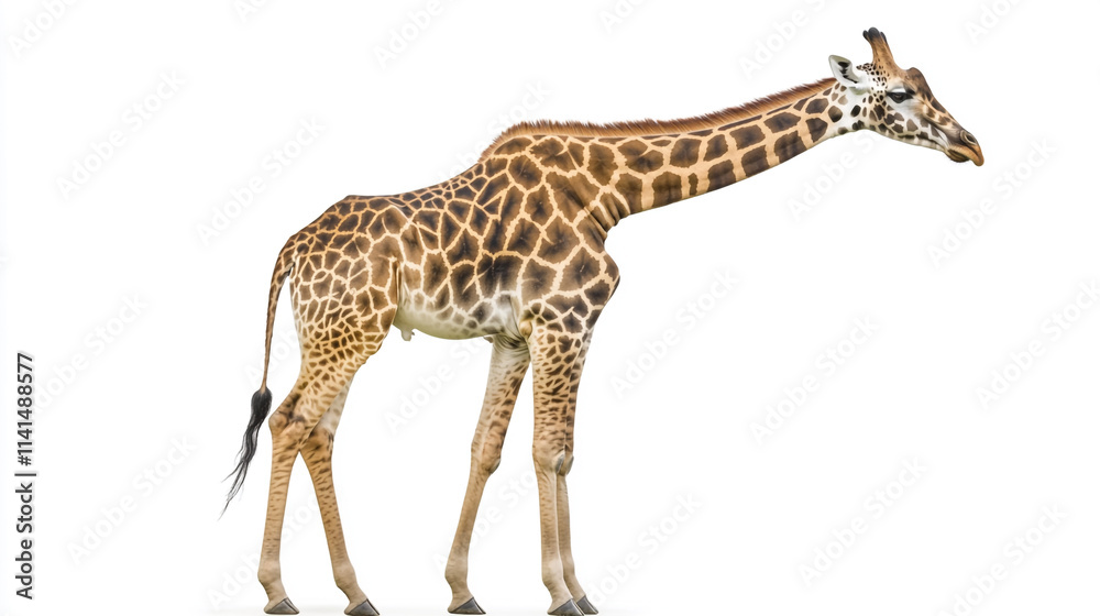Naklejka premium Giraffe standing gracefully against a plain background, showcasing its unique coat patterns and long neck