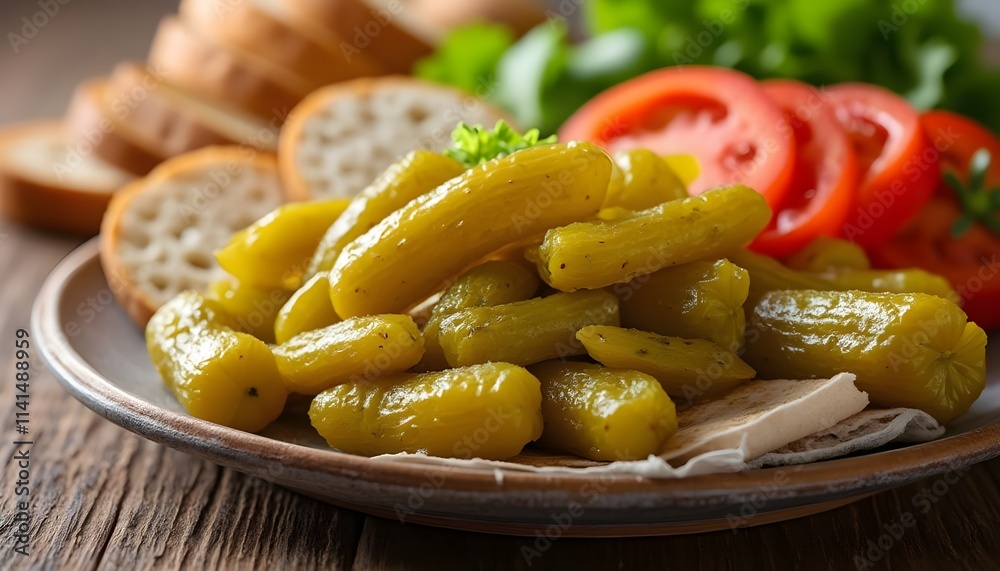 Polish Pickles with Rye Bread and Fresh Vegetables on Plate