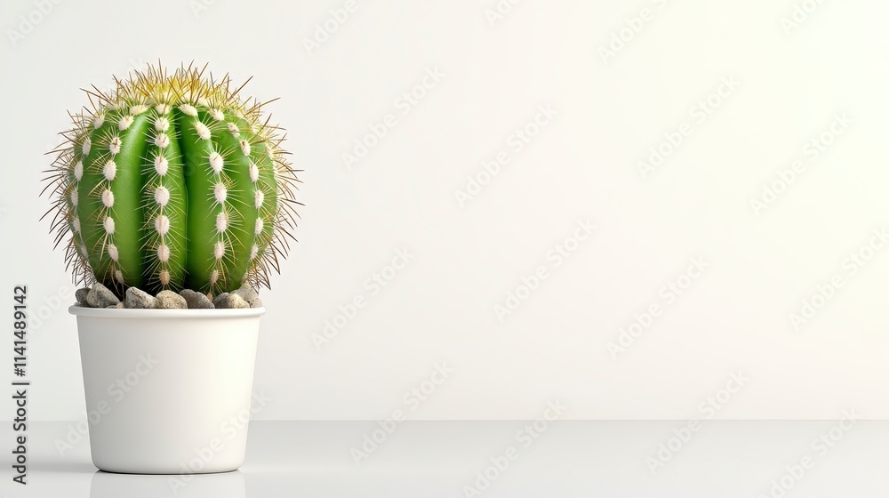 A vibrant cactus in a white pot sits on a minimalist surface, showcasing its unique shape and spines against a neutral background. A vibrant cactus in a white pot sits on a minimalist surface, showcasing its unique shape and spines against a neutral background.