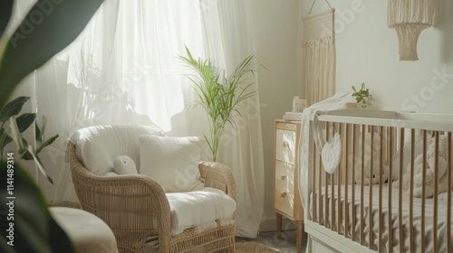 A serene nursery with a crib, cozy chair, and plants, designed for a baby's comfort.