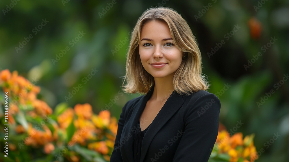Portrait of a woman in formal attire standing confidently among vibrant orange flowers in a lush garden setting during daylight Portrait of a woman in formal attire standing confidently among vibrant orange flowers in a lush garden setting during daylight
