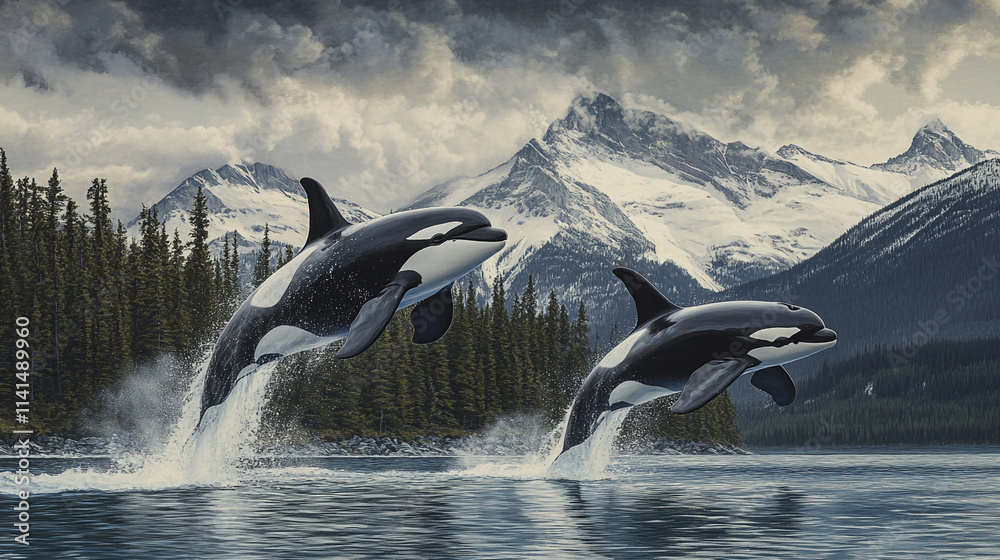 Obraz premium Two orcas leap gracefully from the water in front of majestic mountain scenery on a cloudy day