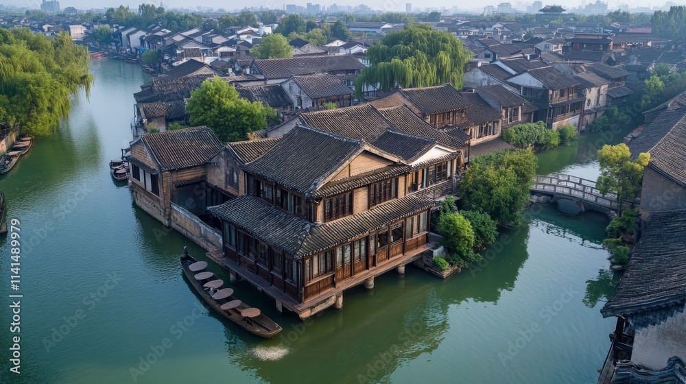 Fototapeta premium Aerial view of traditional houses along a serene waterway in a historic town.