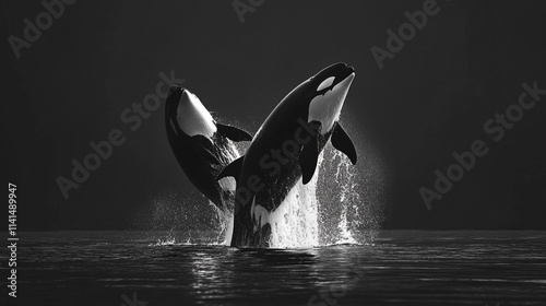 Two orcas gracefully breach the water under a dramatic black and white sky at sunset