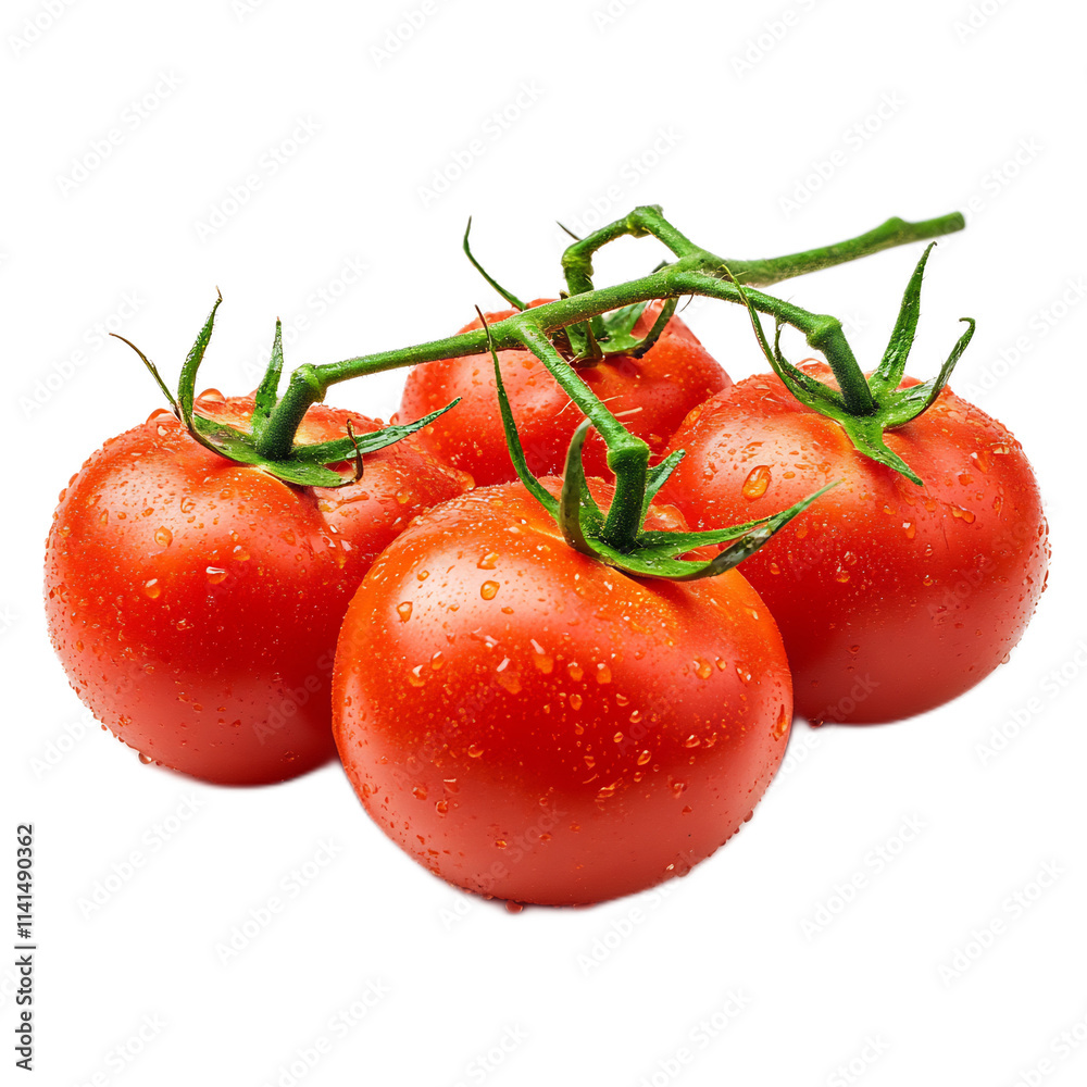 Juicy Fresh Ripe Red Tomatoes Hanging on Vine with Green Leaves and Droplets Juicy Fresh Ripe Red Tomatoes Hanging on Vine with Green Leaves and Droplets