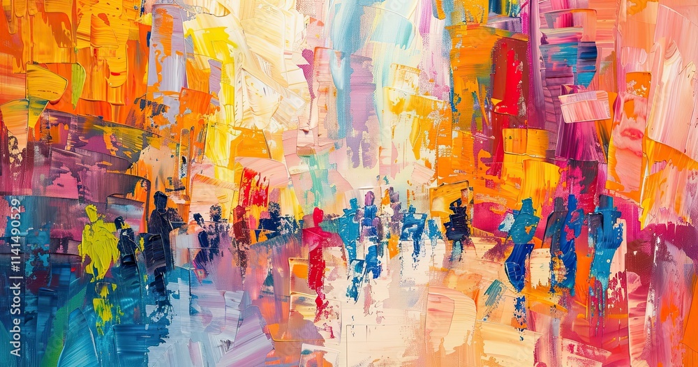 A vibrant abstract painting depicting a lively street scene filled with colorful figures. A vibrant abstract painting depicting a lively street scene filled with colorful figures.