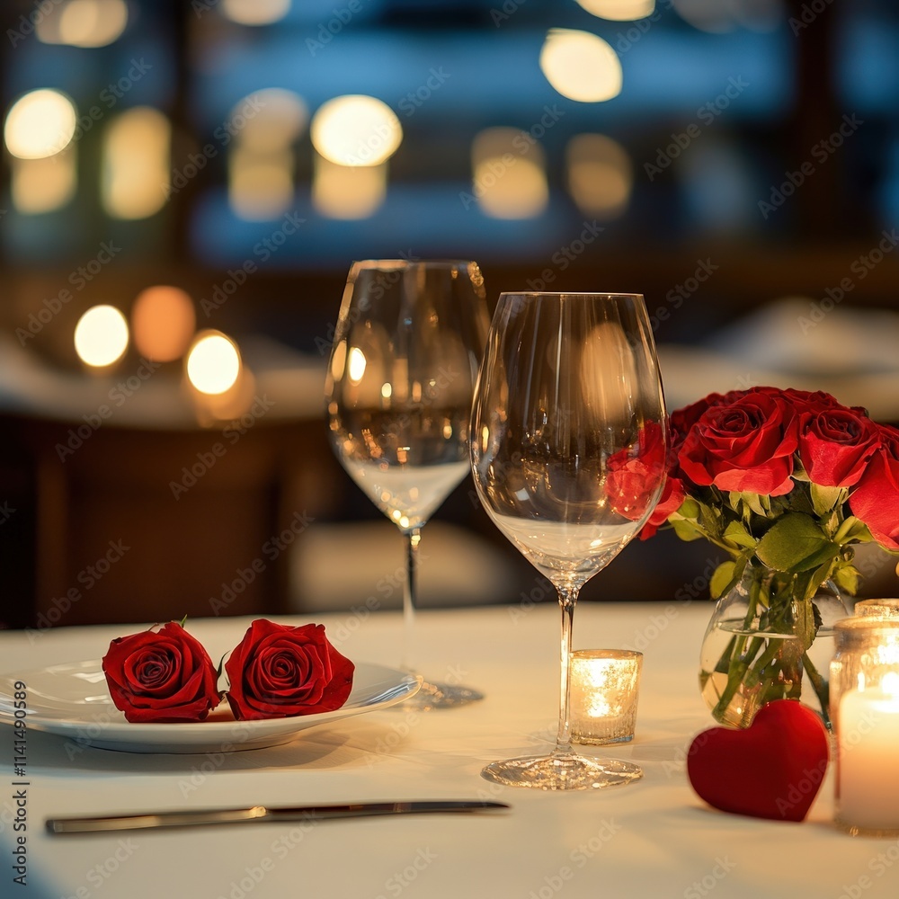 Romantic fine dining table decorated white linen red rose candle valentine day elegant intimate restaurant setting warm passionate culinary experience luxurious evening moment Romantic fine dining table decorated white linen red rose candle valentine day elegant intimate restaurant setting warm passionate culinary experience luxurious evening moment