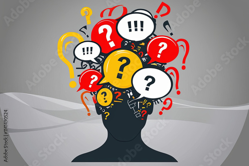Chaotic Human Head Silhouette with Speech Bubbles Symbolizing Anxiety and Overthinking