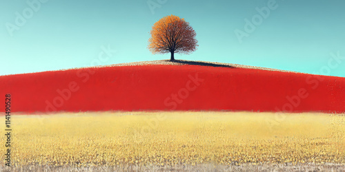 Lone Tree on Red Hill with Colorful Fields

