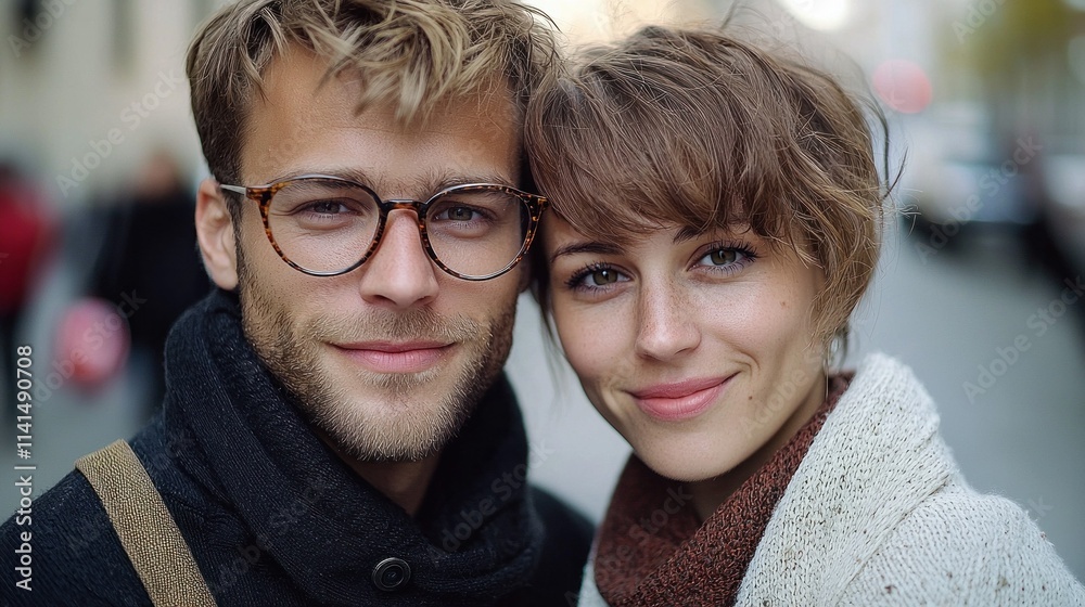 A young couple smiles warmly at the camera, showcasing their stylish outfits and glasses, set against a softly blurred urban background. A young couple smiles warmly at the camera, showcasing their stylish outfits and glasses, set against a softly blurred urban background.