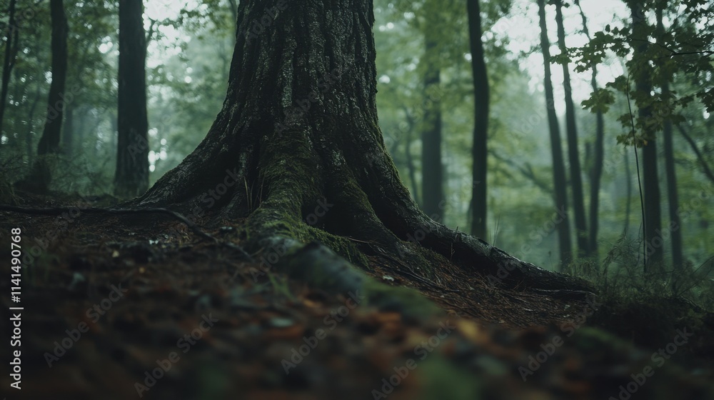 Fototapeta premium Majestic Tree Roots in Serene Foggy Forest Landscape at Dawn