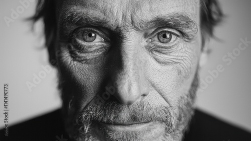 A close-up black and white portrait of an older man, showcasing deep-set eyes and a rugged beard, conveying a sense of wisdom and experience.