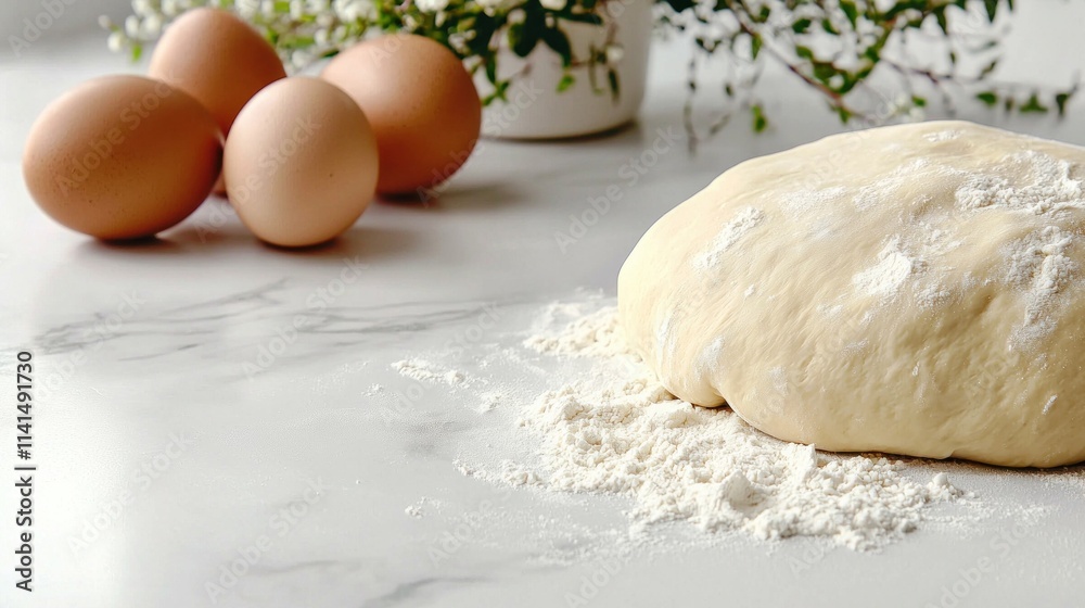 Fresh dough rests on a marble surface, accompanied by eggs and flour, creating a homely baking atmosphere. Fresh dough rests on a marble surface, accompanied by eggs and flour, creating a homely baking atmosphere.