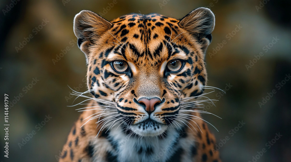Striking close-up of a leopard showcasing its vibrant spots and intense gaze in a natural habitat Striking close-up of a leopard showcasing its vibrant spots and intense gaze in a natural habitat