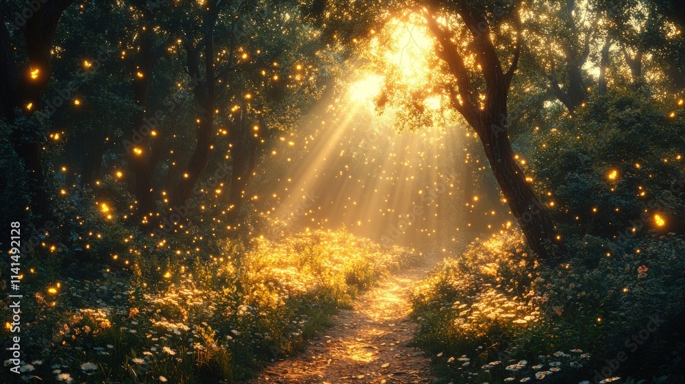 Naklejka premium Sunlit forest path, glowing fireflies, wildflowers.