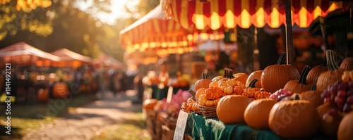 A vibrant autumn market scene with pumpkins and festive tents, capturing the essence of harvest season.