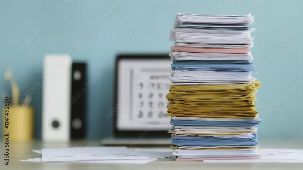 cluttered office desk with tall stack of colorful paperwork, including tax return documents, surrounded by office supplies and calendar in background