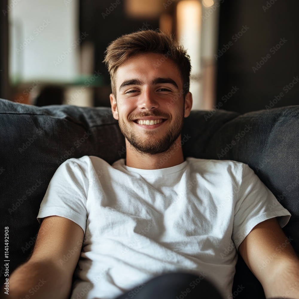 Smiling man chills on couch Smiling man chills on couch
