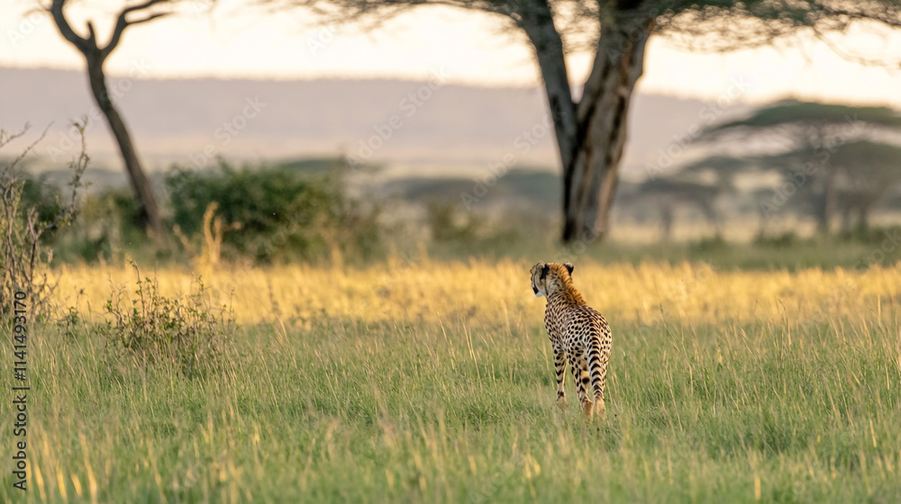 Cheetah observes the vast Serengeti landscape at sunset during a quiet moment of reflection Cheetah observes the vast Serengeti landscape at sunset during a quiet moment of reflection