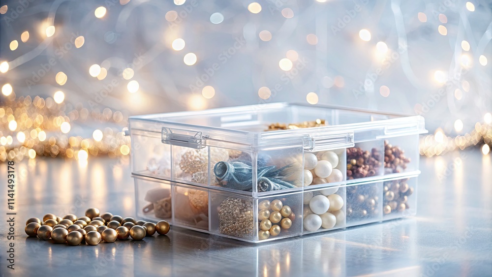 Fototapeta premium Clear Plastic Storage Box for Small Items with Bokeh Effect on White Background for Online Store, Ideal for Organizing and Decluttering Your Space with Versatile Containers