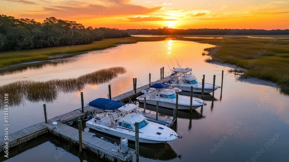 Obraz premium Scenic sunset over a marina with boats docked along a tranquil waterway.
