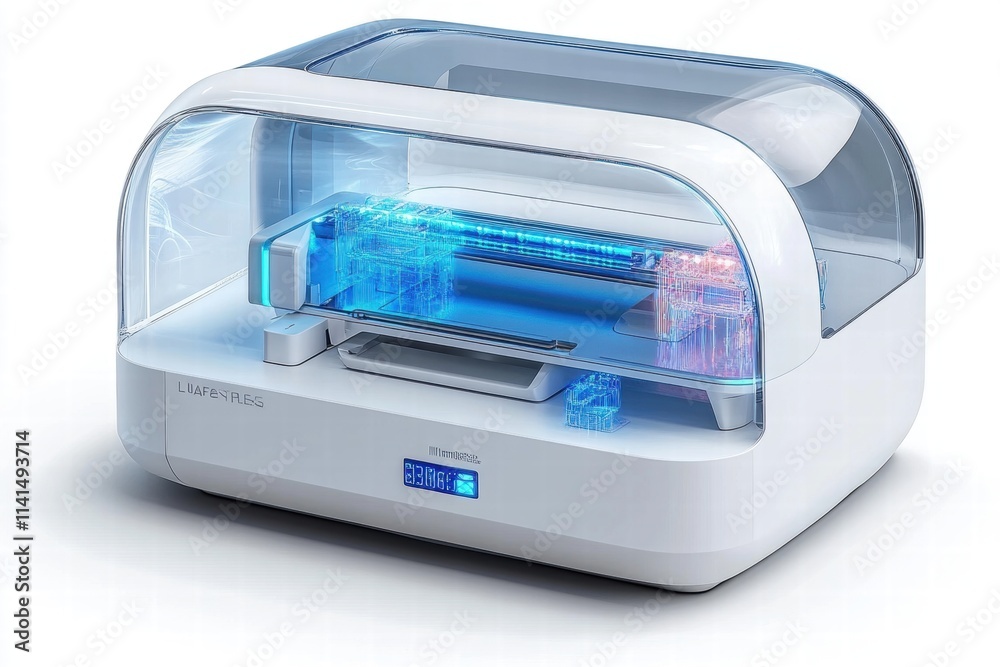 Modern 3D printer with advanced technology and vibrant blue lights Modern 3D printer with advanced technology and vibrant blue lights