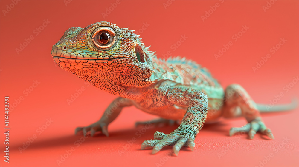 Fototapeta premium Vibrant 3D Lizard Illustration on Coral Background
