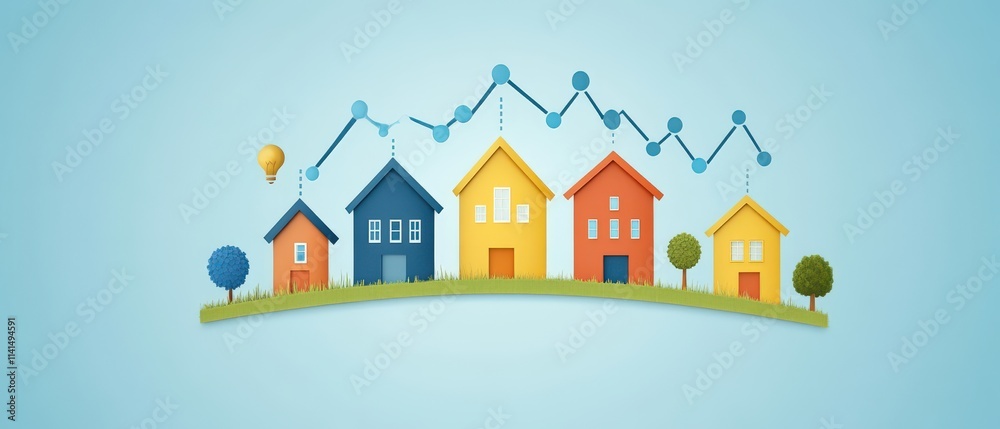 A colorful illustration of houses with a rising graph above, symbolizing growth in the real estate market or housing trends. A colorful illustration of houses with a rising graph above, symbolizing growth in the real estate market or housing trends.