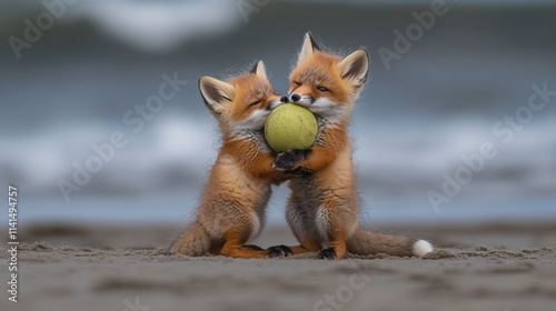 Two playful red fox cubs share a tennis ball on a sandy beach during a sunny day by the ocean photo