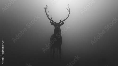Fototapeta Naklejka Na Ścianę i Meble -  Majestic deer stands in the foggy forest at dawn, showcasing its impressive antlers and serene presence