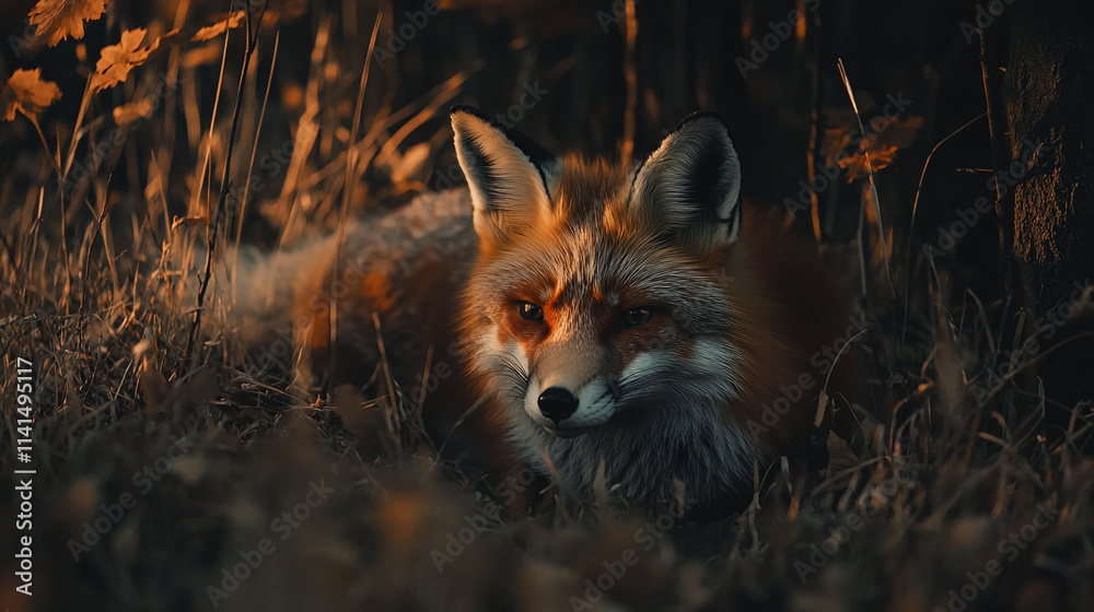 Fototapeta premium Red fox resting in a serene forest setting during the golden hour of twilight