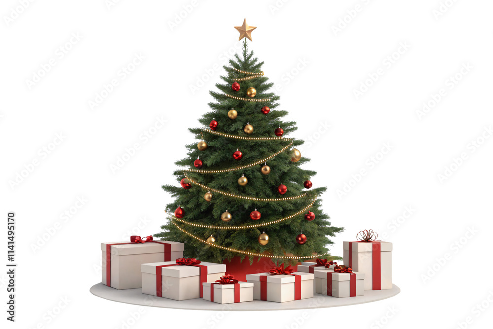 A christmas tree adorned with golden beads, red baubles, festive fairy lights, and surrounded by carefully wrapped gifts on a clean circular platform, isolated on a transparent background A christmas tree adorned with golden beads, red baubles, festive fairy lights, and surrounded by carefully wrapped gifts on a clean circular platform, isolated on a transparent background