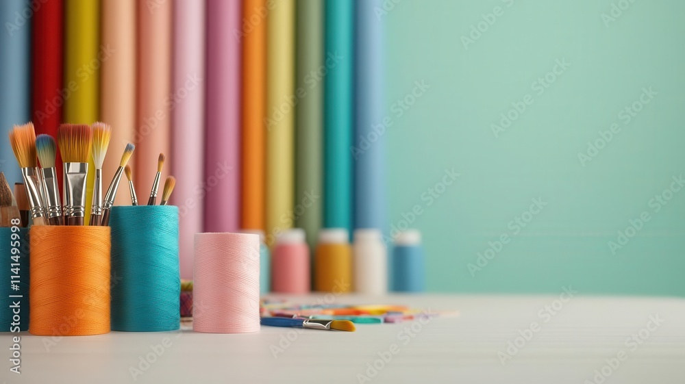 Fototapeta premium A vibrant art studio scene featuring paintbrushes in colorful containers alongside various craft supplies against a backdrop of pastel rolls.