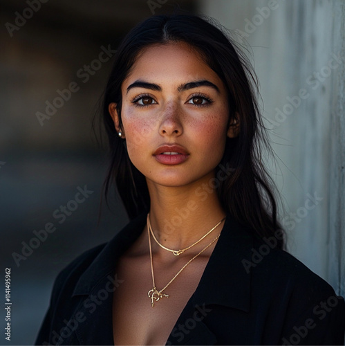 A young woman in her mid-twenties dressed modern, trendy outfits for present day Los Angeles. She is of Spanish, Arabic, and Italian descent. She has hazel eyes, olive skin, and dark hair. photo