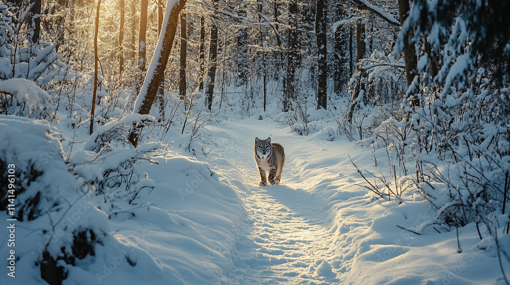 Lynx walking along a snowy forest path during golden hour in winter Lynx walking along a snowy forest path during golden hour in winter