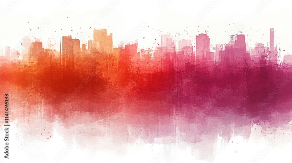 Fototapeta premium Abstract City Skyline Art with Vibrant Colors of Orange, Red, and Purple Splashing Across a White Background for Modern Design Projects and Wall Decor