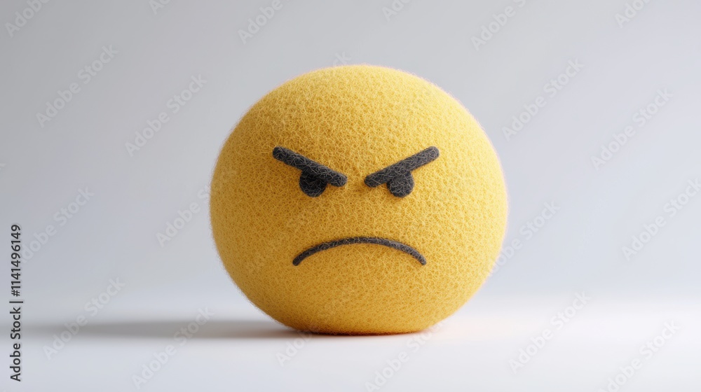 Angry yellow emoji ball with felt texture on white background Angry yellow emoji ball with felt texture on white background