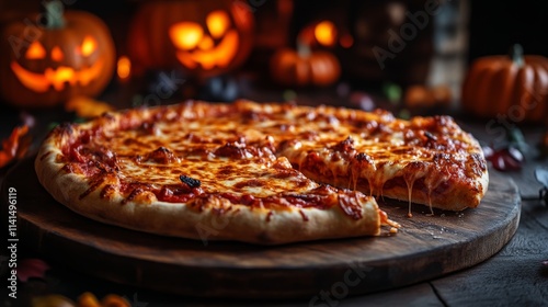 Halloween themed pizza with melted cheese and photo