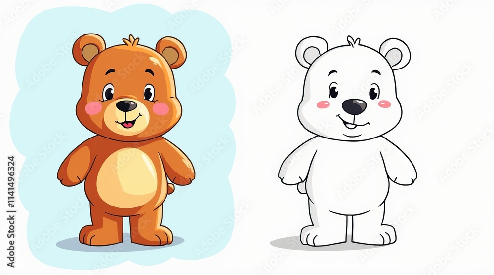 Cute Cartoon Bear Toy with Colorful and Outline Versions Cute Cartoon Bear Toy with Colorful and Outline Versions
