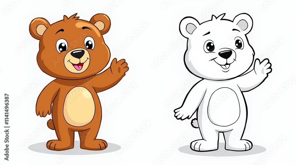 Cute Cartoon Bear Toy in Color and Black-and-White Outline Cute Cartoon Bear Toy in Color and Black-and-White Outline