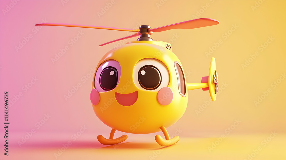 Obraz premium Cute Yellow Cartoon Helicopter 3D Render