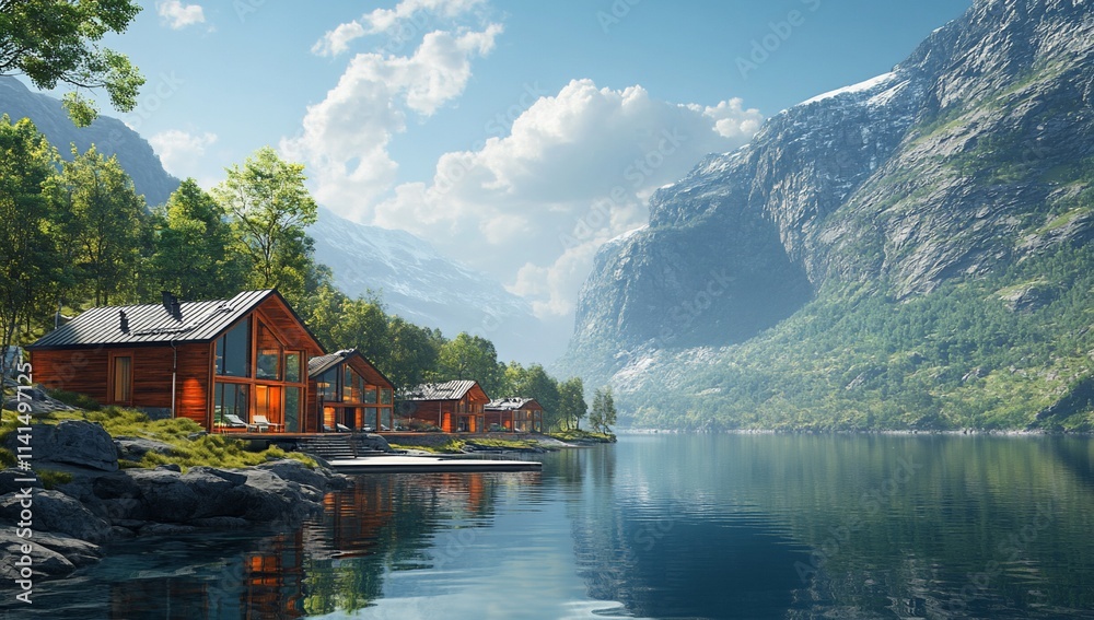 Fototapeta premium Scenic wooden cabins nestled by a tranquil fjord, surrounded by lush greenery and majestic mountains under a bright sky.