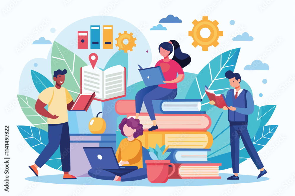 Group of individuals immersed in reading and learning while surrounded by books and study materials, education learning concept likes to read people read or students study Group of individuals immersed in reading and learning while surrounded by books and study materials, education learning concept likes to read people read or students study