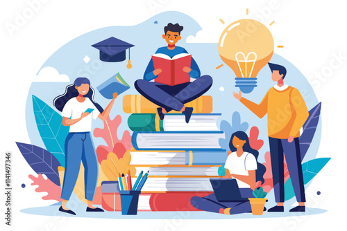 Students immerse themselves in books, sharing insights and ideas in a colorful learning environment, education learning concept likes to read people read or students study