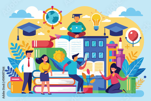 Students actively participating in various educational activities surrounded by books and learning tools, Education, learning and training,
